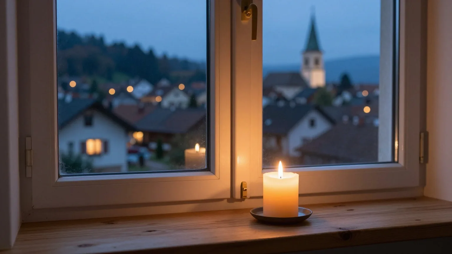 Eine einzelne brennende Kerze auf einer hölzernen Fensterbank zur blauen Stunde, draußen ein stilles Dorf mit warm erleuchteten Fenstern und einem Kirchturm in der Ferne