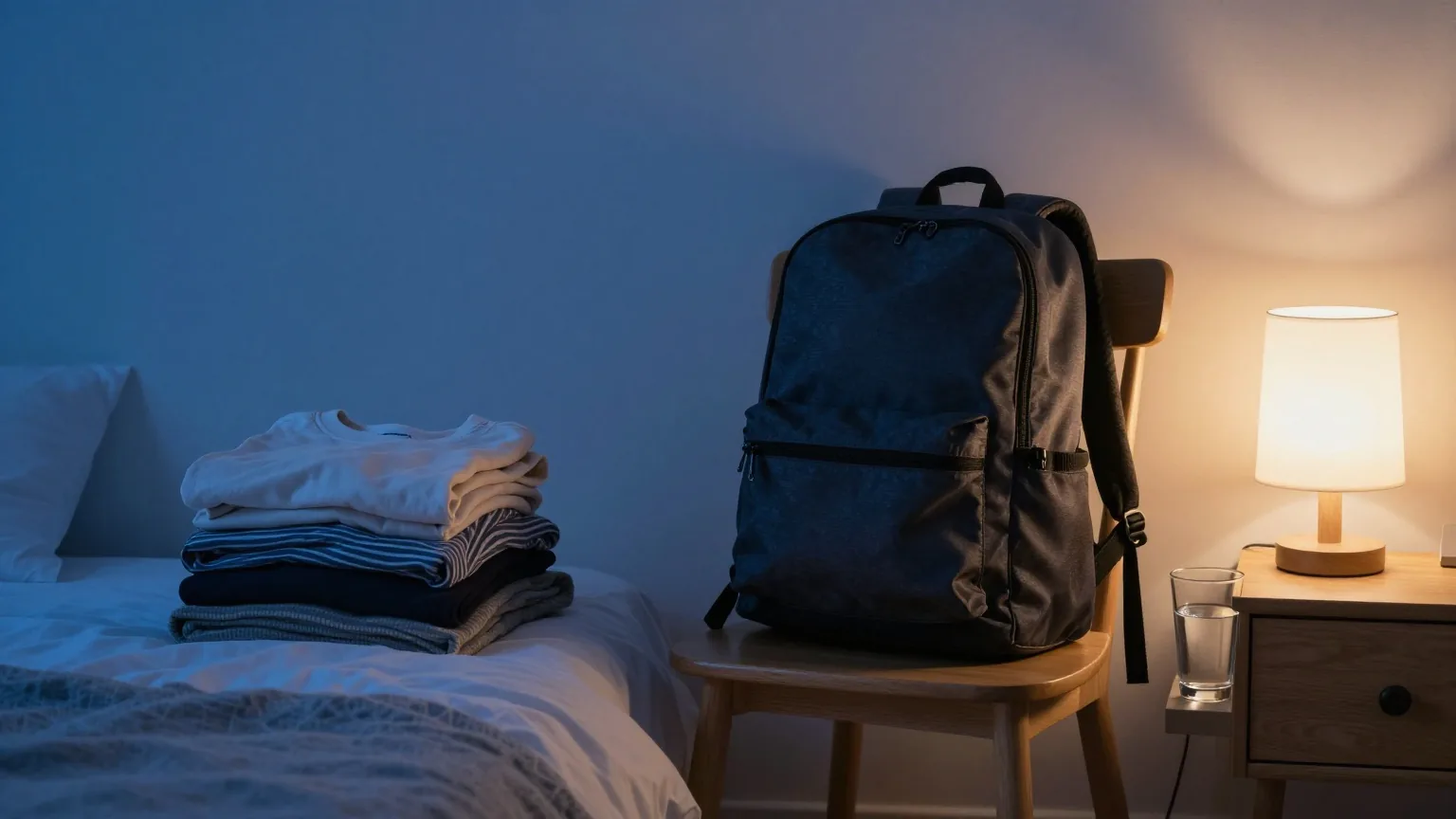 Ruhiges Schlafzimmer zur blauen Stunde mit warm leuchtender Nachttischlampe; auf einem Holzstuhl liegen gefaltete Kleidung und ein gepackter Rucksack bereit