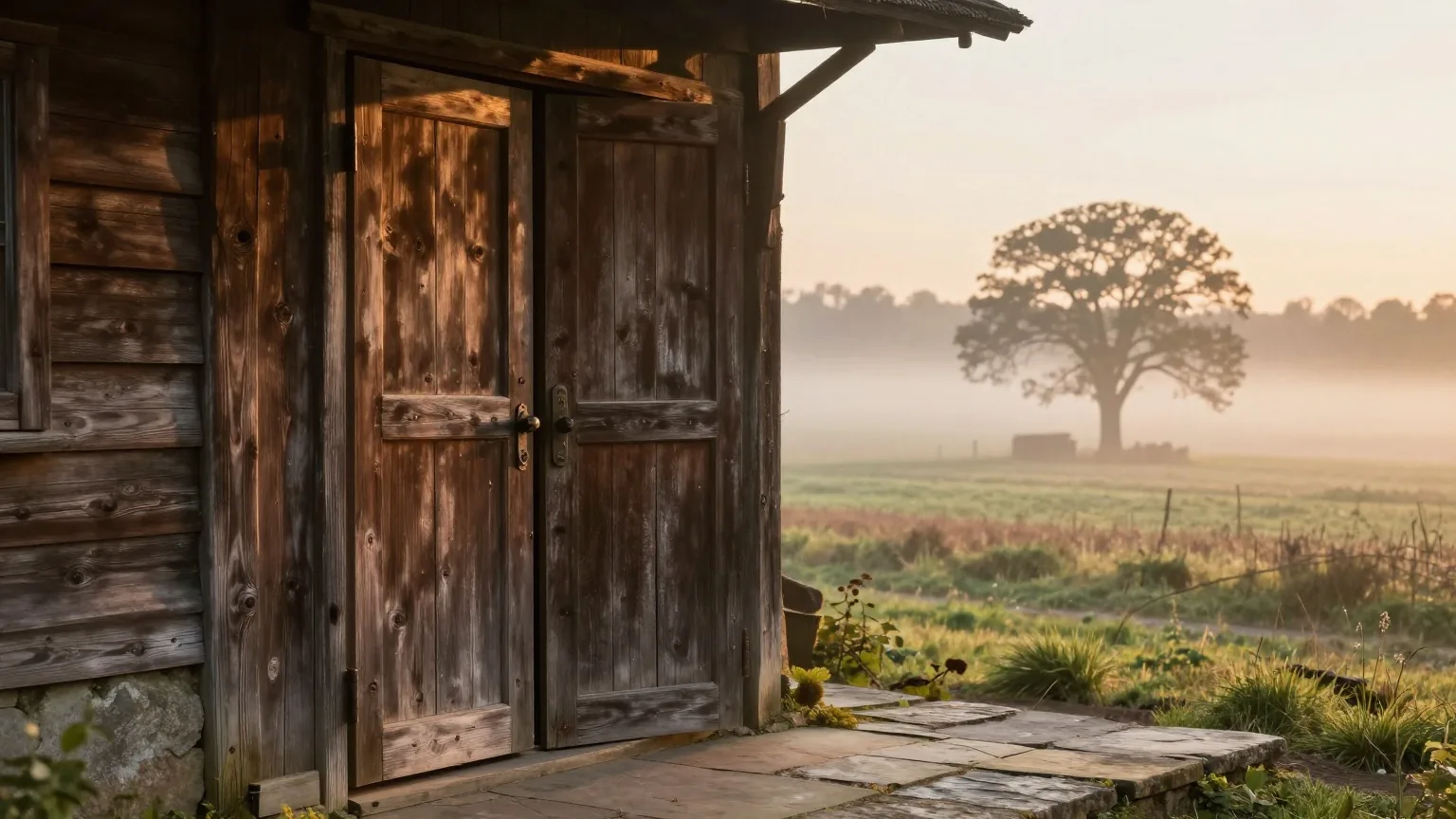 Halb geöffnete Holztür eines alten Bauernhauses im Morgengrauen, warmes Licht fällt auf eine abgetretene Steinstufe, dahinter liegen Felder im Nebel