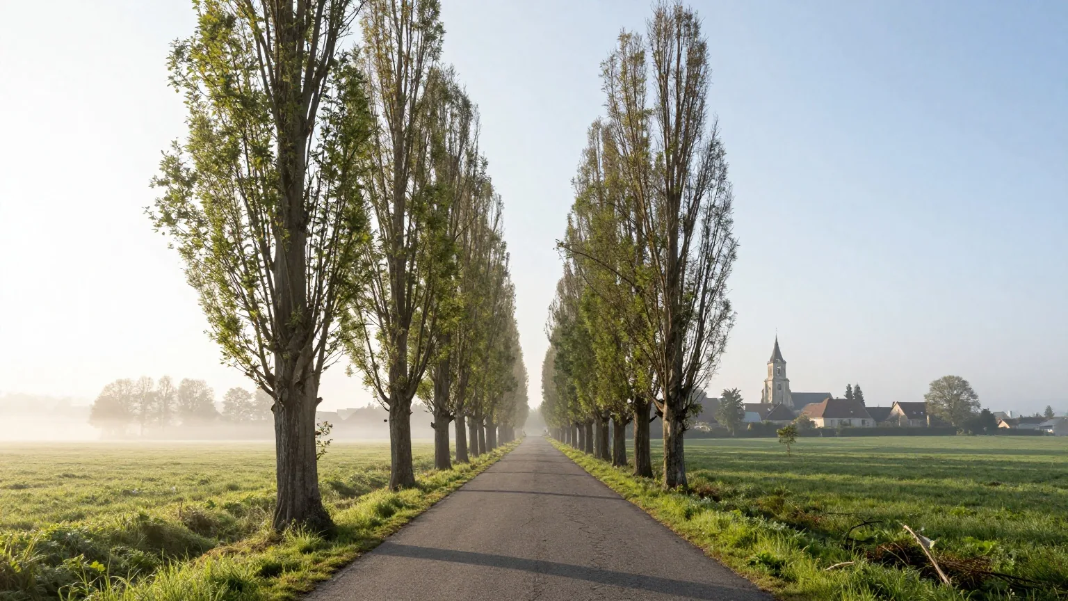 Ein von Pappeln gesäumter Feldweg am späten Vormittag, die letzten Nebelschwaden steigen von den Wiesen auf, in der Ferne ein Dorf mit Kirchturm
