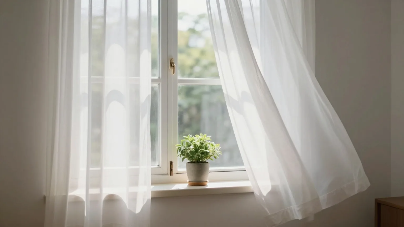 Offenes Fenster mit wehenden weißen Vorhängen, auf der Fensterbank eine kleine Topfpflanze, Morgensonne fällt in einen hellen Raum