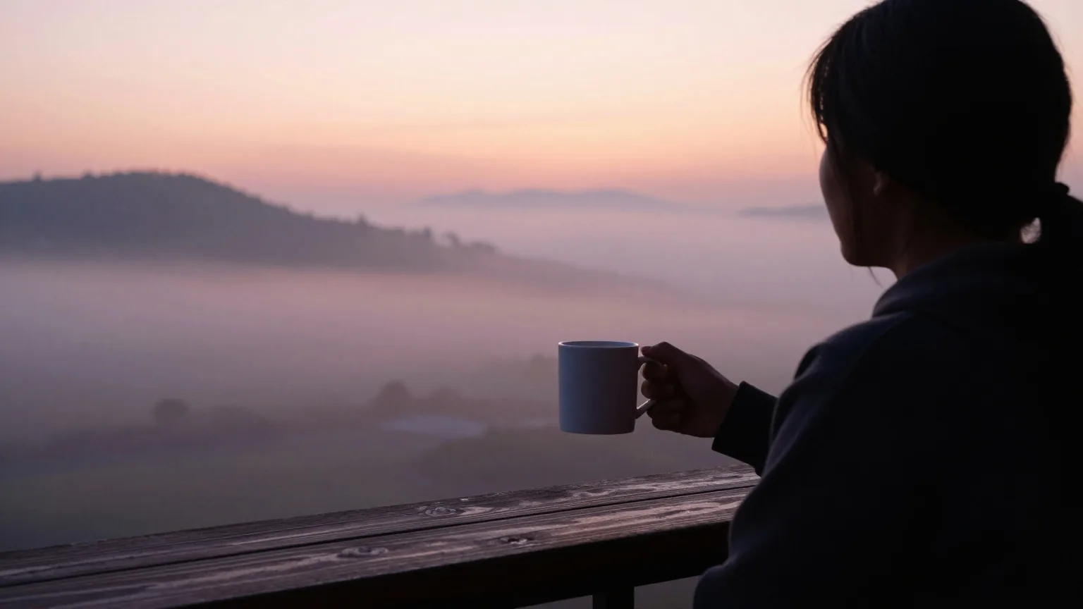 Silhouette einer Person mit einer schlichten weißen Tasse auf einem Holzbalkon, die in der Morgendämmerung über ein nebliges Tal blickt