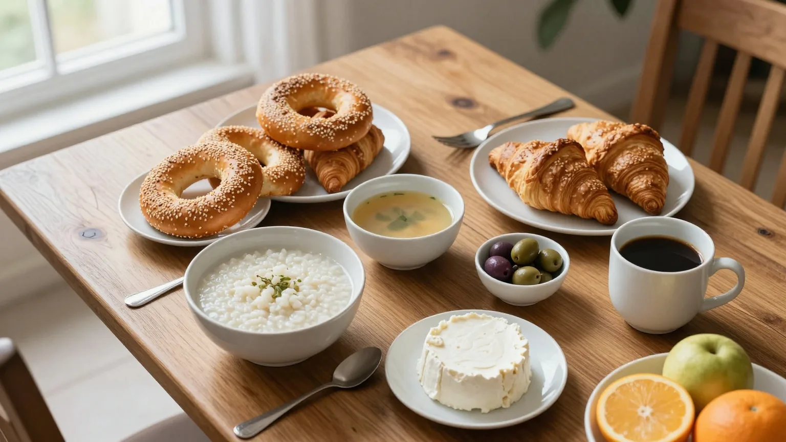 Ein langer Holztisch von oben mit Frühstück aus vielen Ländern: Reisbrei, Sesamkringel, Croissant, Misosuppe, Oliven, Käse, Obst und Kaffee