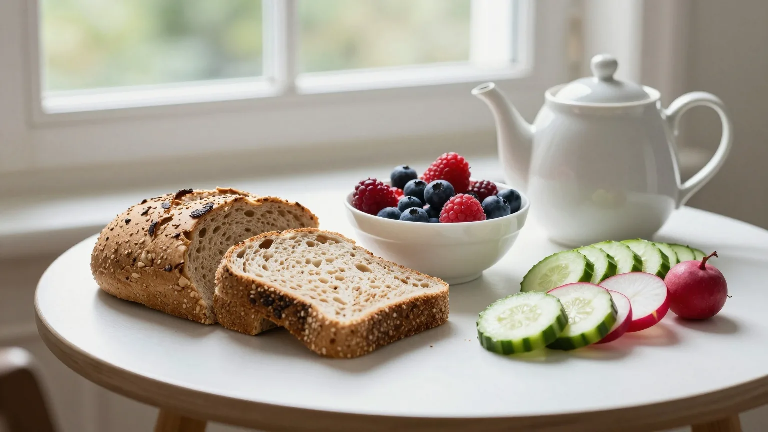 Frühstückstisch am sonnigen Fenster mit Vollkornbrot, einer Schale Beeren, Naturjoghurt, Gurken- und Radieschenscheiben und einer Teekanne