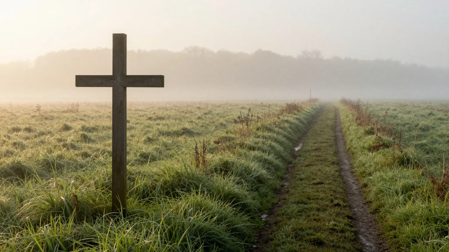 Goldenes Morgenlicht bricht durch den Nebel über einer stillen Wiese, neben einem schmalen Fußweg steht ein schlichtes, verwittertes Holzkreuz