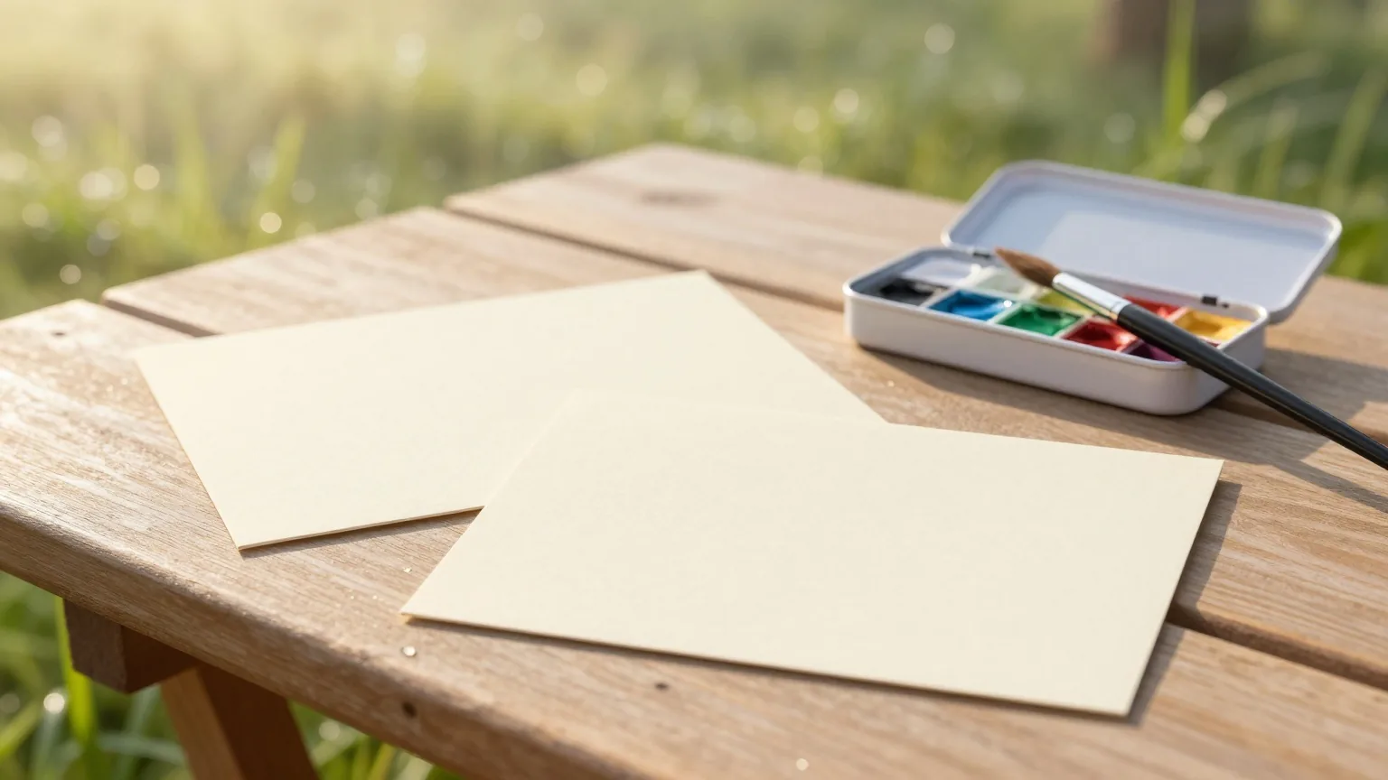 Unbeschriebene cremefarbene Karten, ein kleiner Aquarellkasten und ein Pinsel auf einem hellen Gartentisch bei Sonnenaufgang, im Hintergrund taufeuchtes Gras