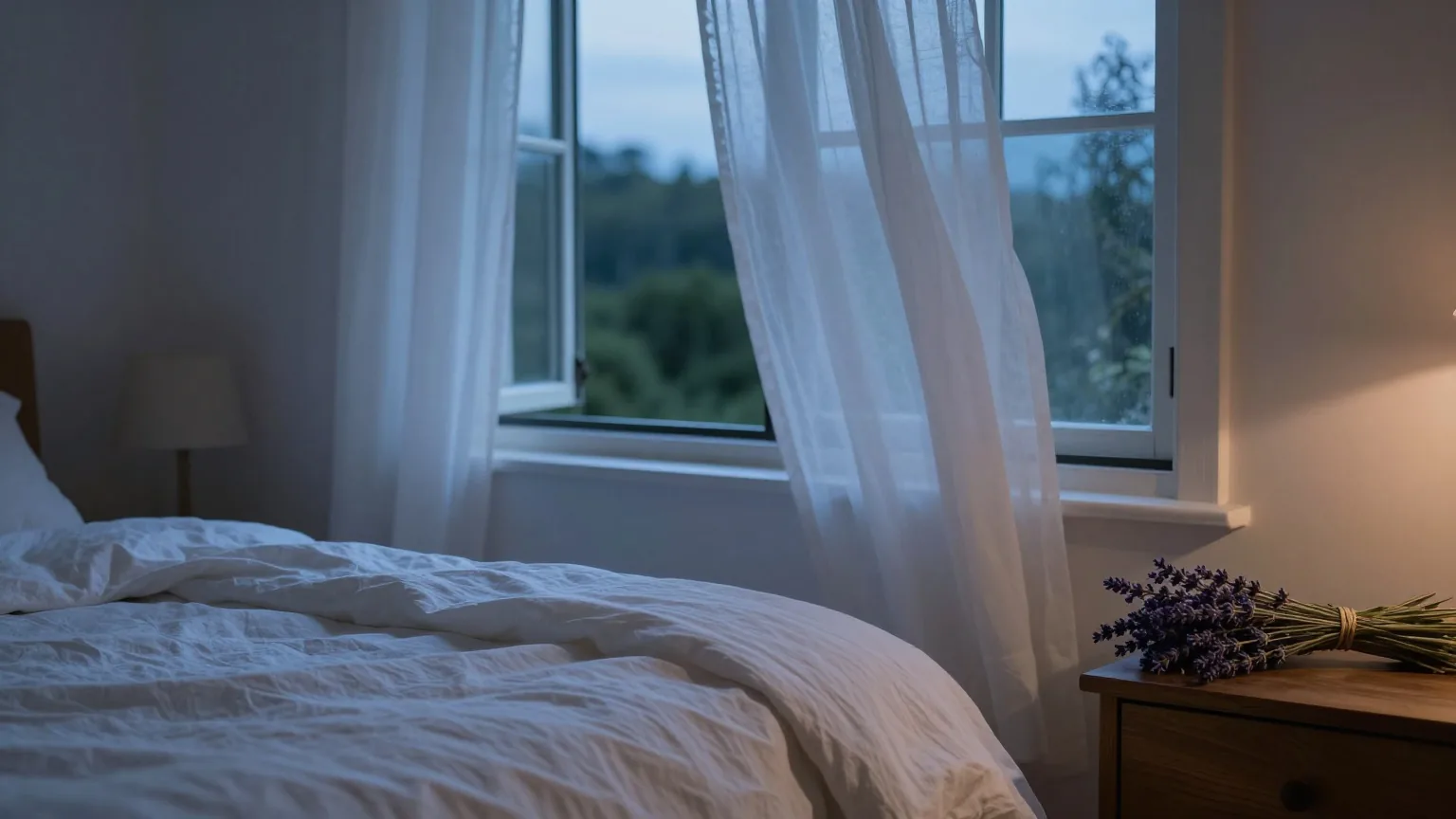 Schlafzimmer zur blauen Stunde: Bett mit Leinenbettwäsche, ein leichter Vorhang am offenen Fenster, auf dem Nachttisch ein Lavendelzweig