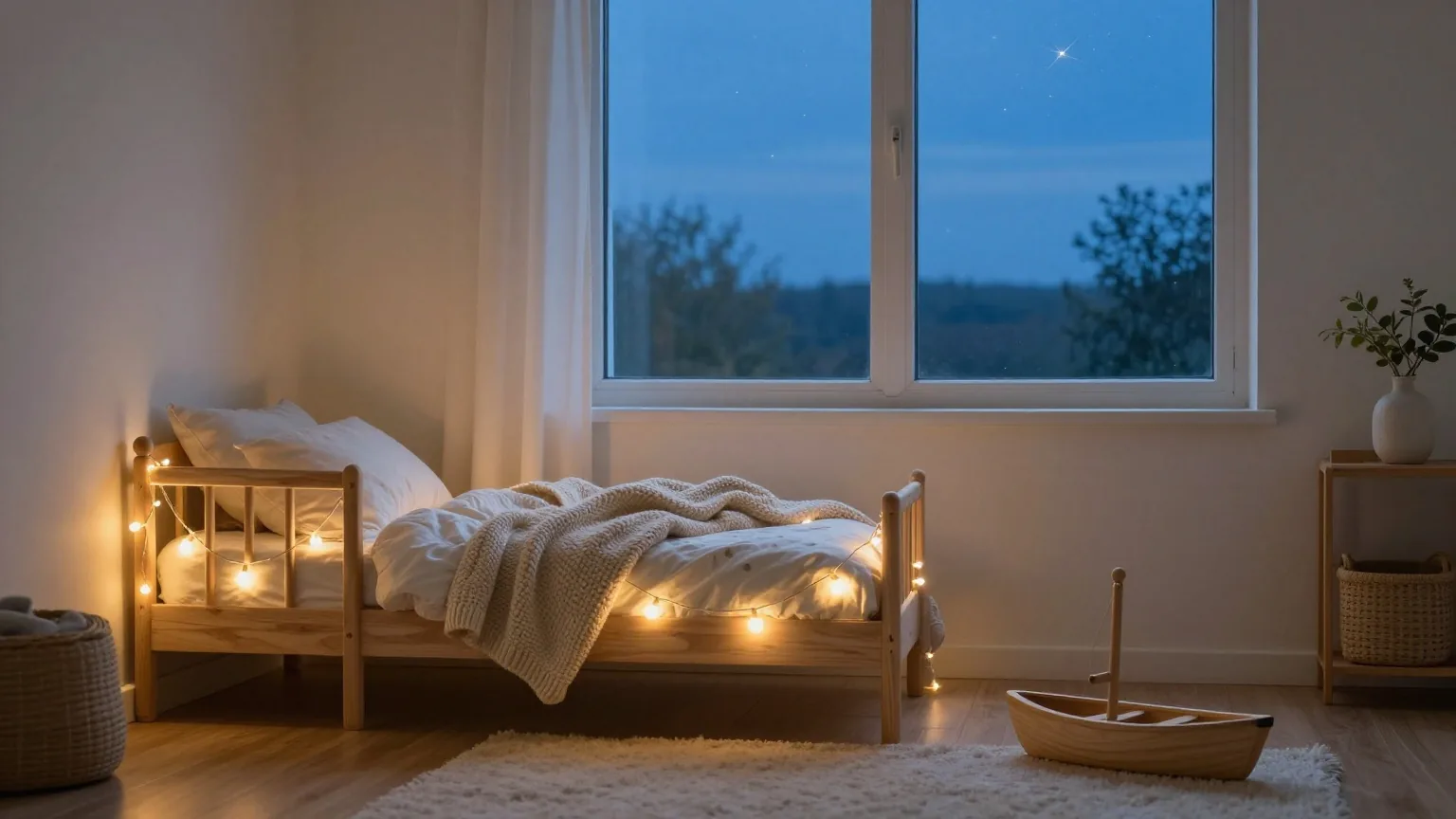 Kinderzimmer in der Dämmerung: ein kleines Bett unter einer Lichterkette, eine Strickdecke und ein Holzschiff auf dem Boden, draußen die ersten Sterne