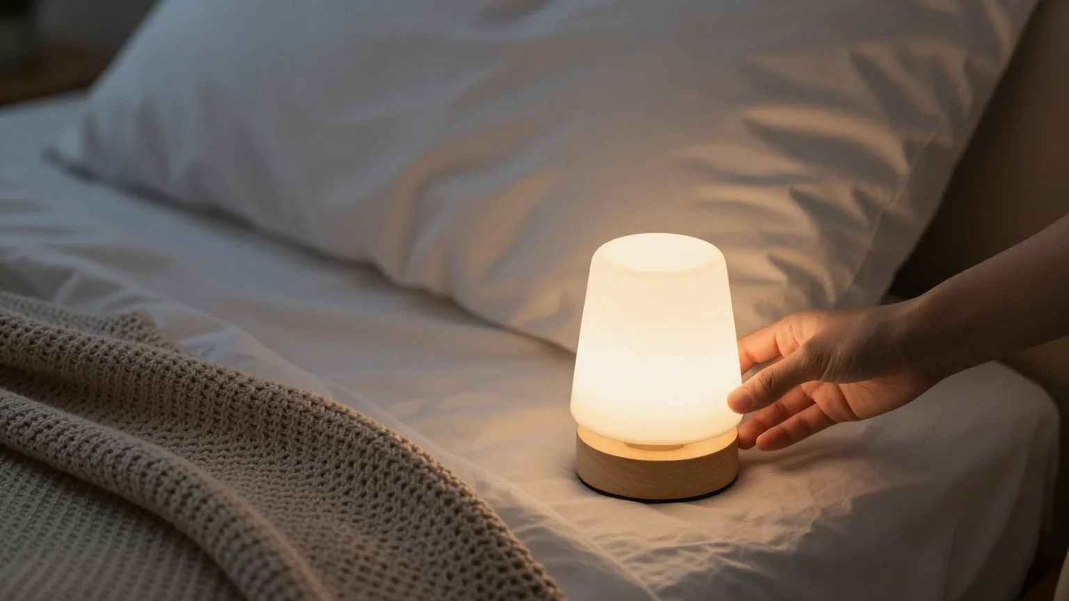Eine Hand schaltet die Nachttischlampe aus, das gemütliche Schlafzimmer mit Strickdecke versinkt im Halbdunkel