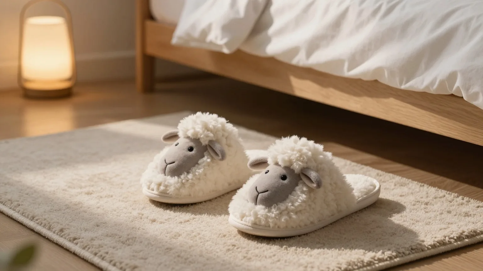 Ein Paar flauschige Hausschuhe in Schafform steht nachts im warmen Lampenlicht auf dem Teppich vor dem Bett
