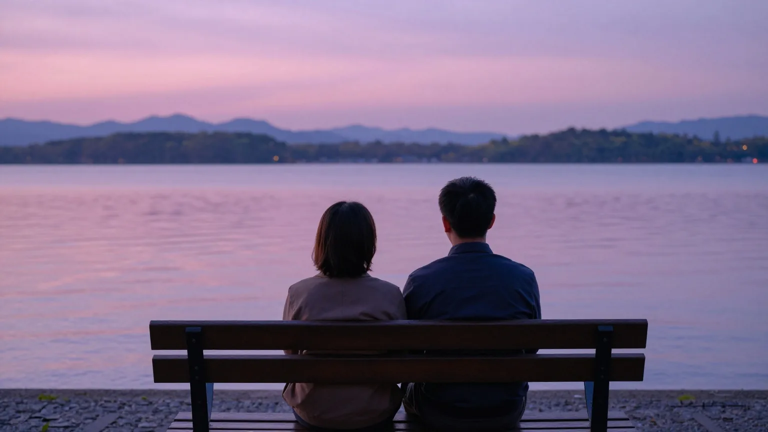 Zwei Menschen von hinten, eng nebeneinander auf einer Holzbank am See, der Abendhimmel leuchtet rosa und violett