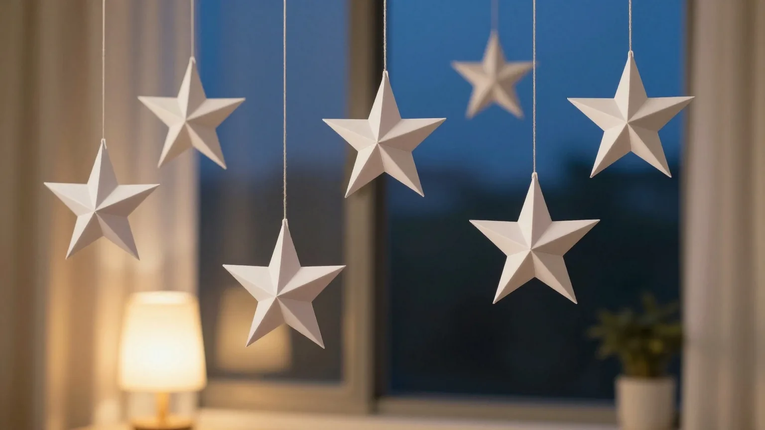 Gefaltete Papiersterne hängen an dünnen Fäden vor einem nachtblauen Fenster und werden von einer Lampe warm angeleuchtet