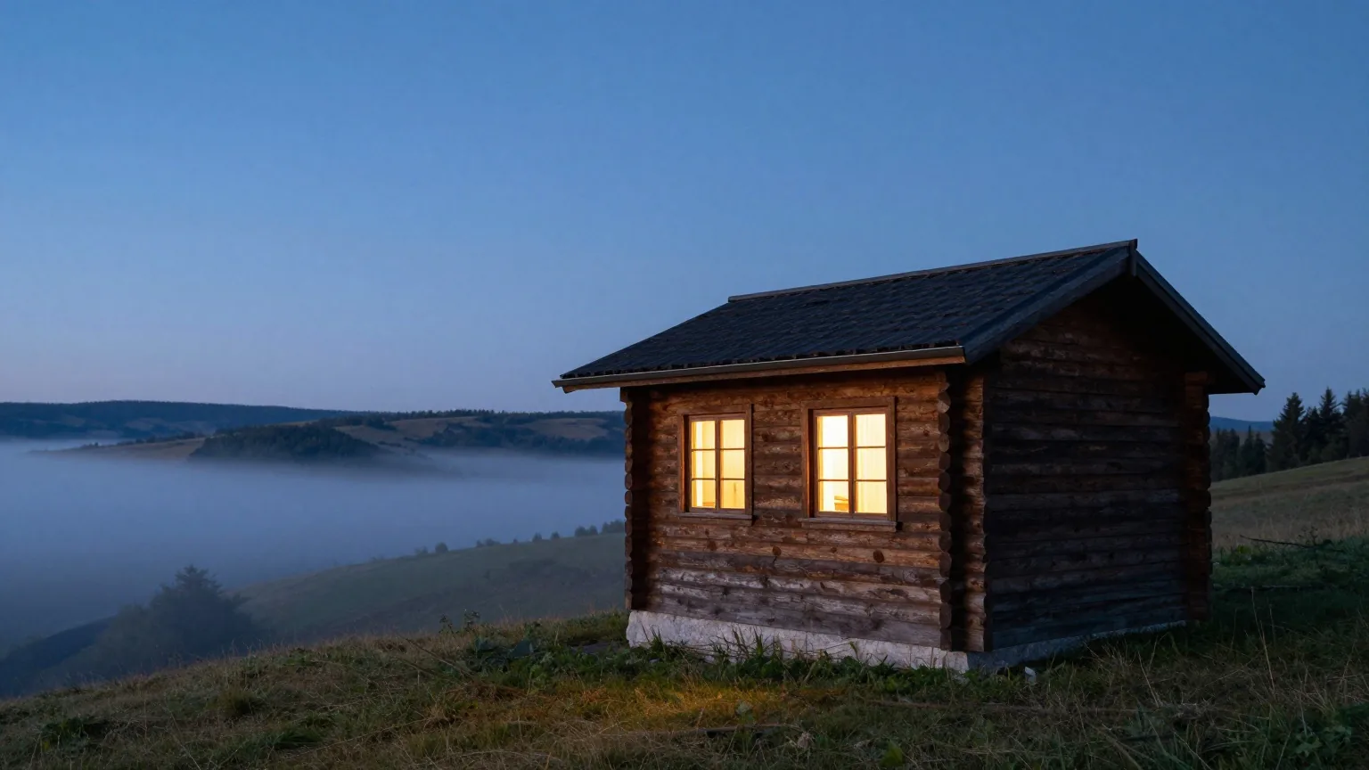 Kleine Holzhütte am Hang zur blauen Stunde, zwei Fenster leuchten warm, über dem nebligen Tal erscheinen die ersten Sterne