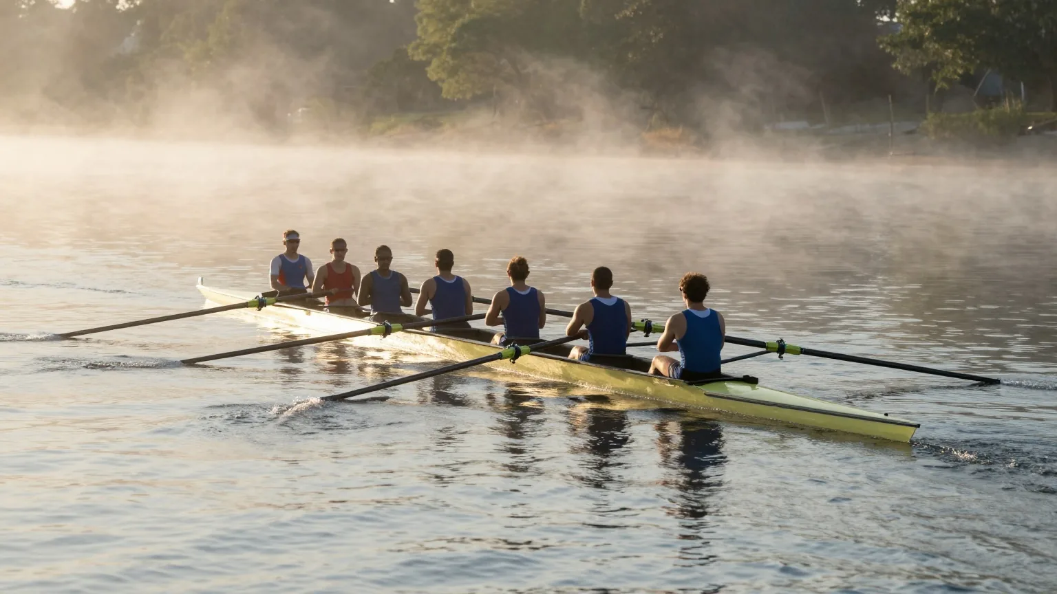Ein Ruderachter gleitet bei Sonnenaufgang über einen ruhigen Fluss, die Rudernden von hinten im gleichen Takt, Nebel auf dem Wasser