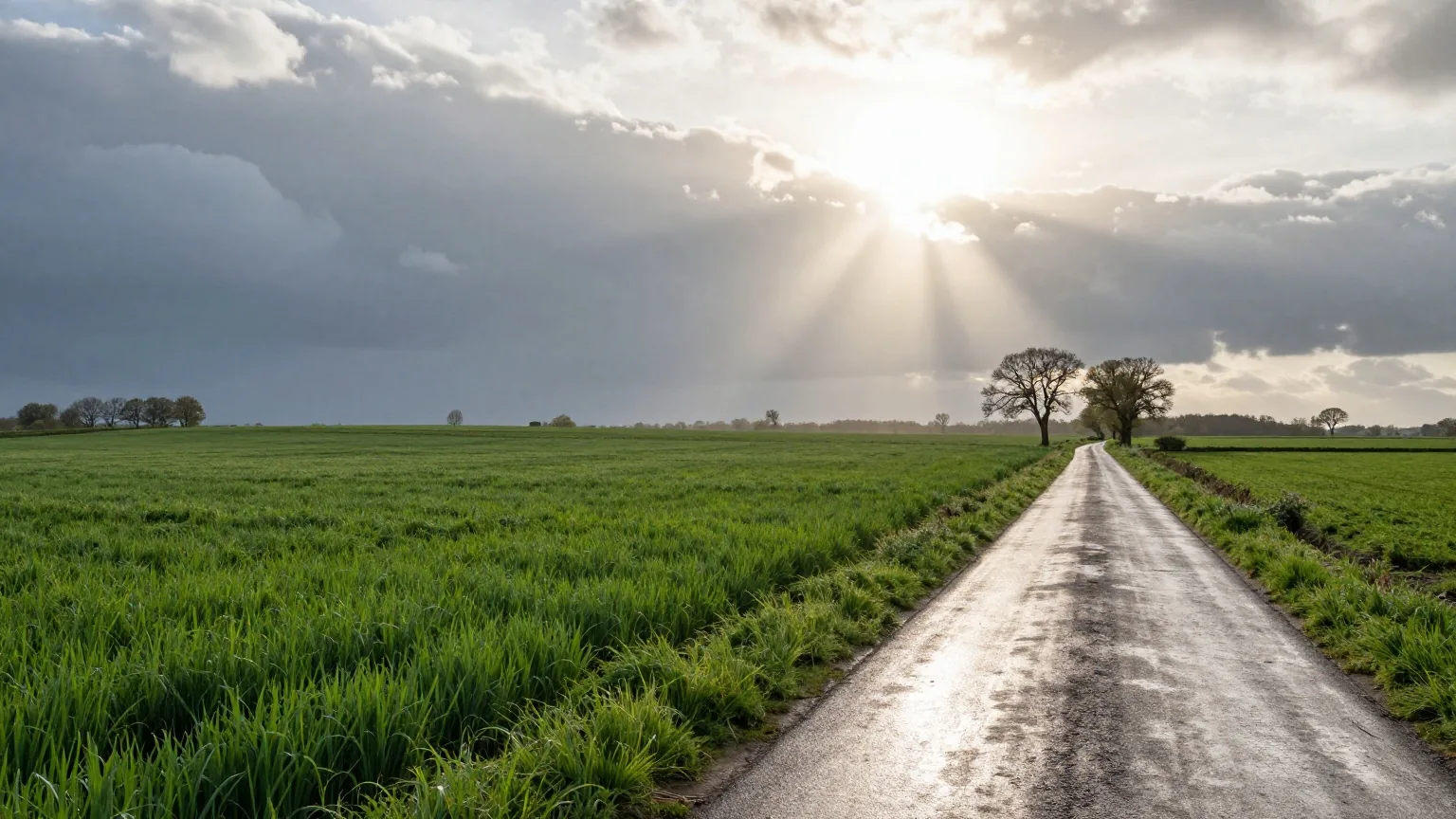 Aprilhimmel am Morgen über frischen grünen Feldern: dunkle Schauerwolken ziehen ab, die Sonne bricht mit Strahlen hindurch