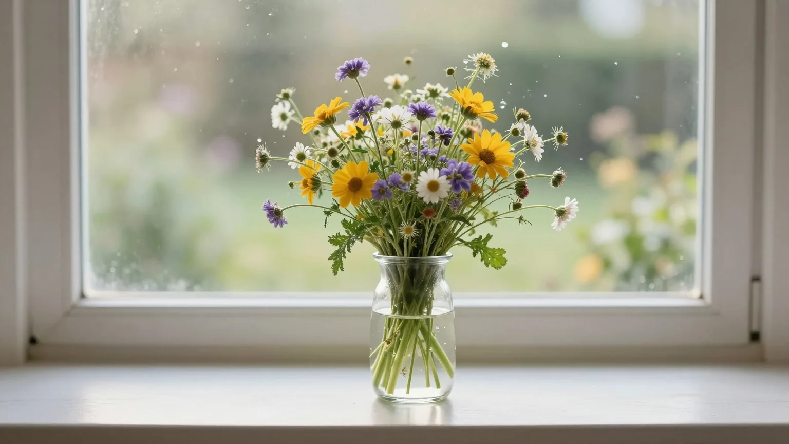 Ein lockerer Wiesenblumenstrauß in einer Glaskaraffe auf einer sonnigen Fensterbank, draußen ein Garten im Morgentau