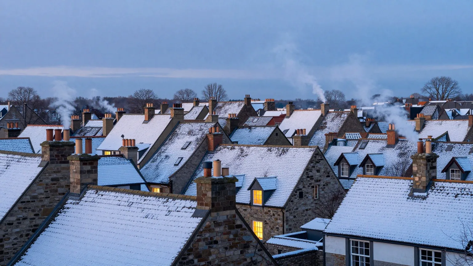 Leicht verschneite Dächer einer Altstadt zur blauen Stunde vor Sonnenaufgang, aus den Schornsteinen steigt Rauch, einige Fenster leuchten warm