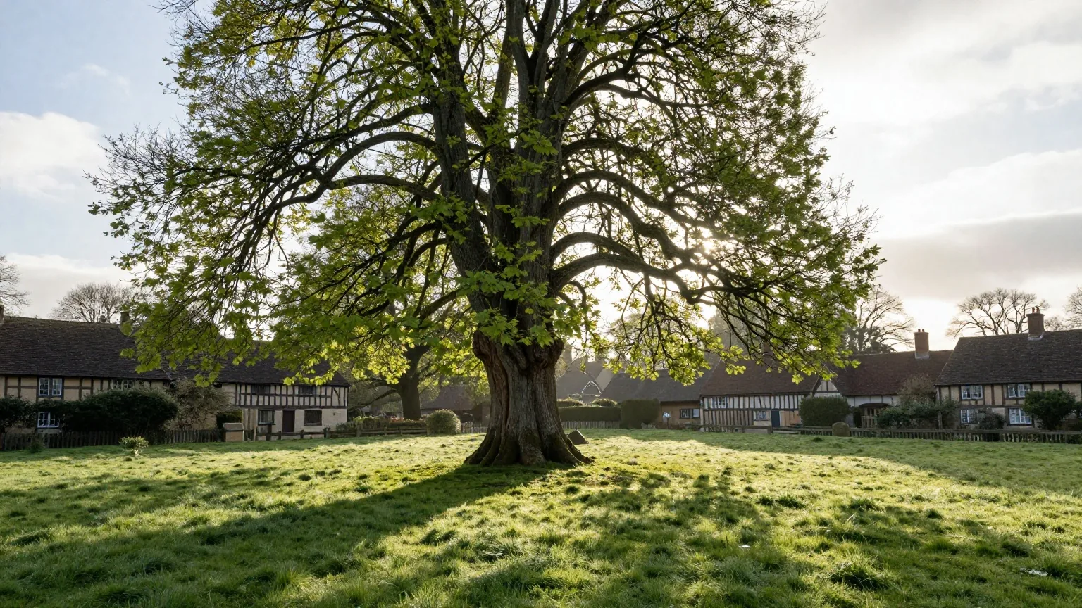 Alte, breite Linde allein auf einem Dorfanger bei Sonnenaufgang, lange Schatten auf dem taunassen Gras, dahinter Fachwerkhäuser