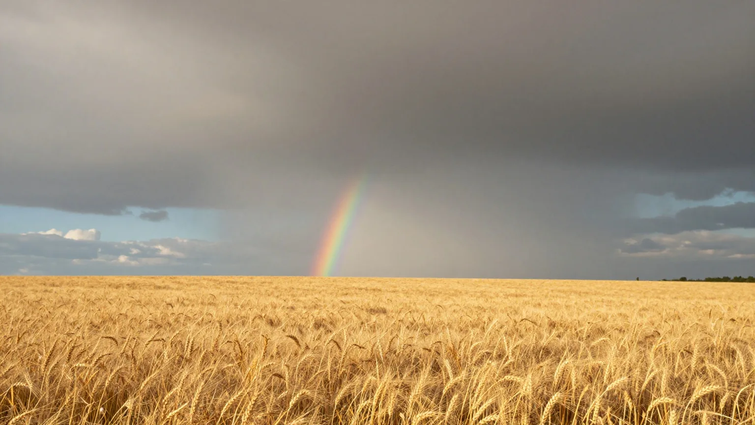 Abziehende dunkle Gewitterwolken über einem goldenen Weizenfeld, die Morgensonne bricht durch, ein zarter Regenbogen erscheint