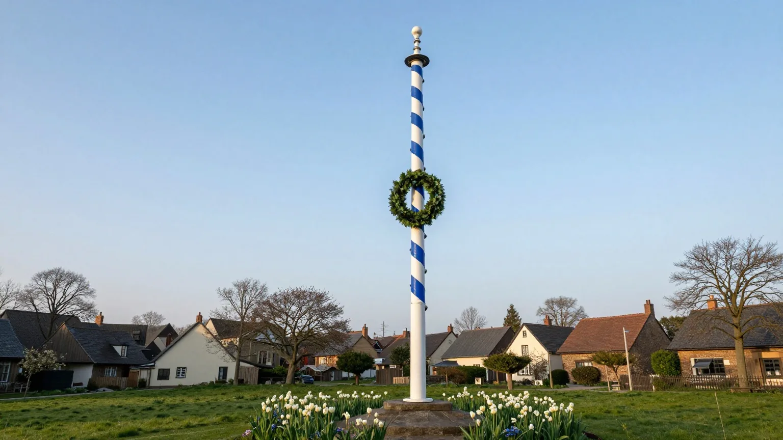 Weiß-blau gestreifter Maibaum mit grünem Kranz vor blauem Morgenhimmel, davor ein Dorfanger mit Frühlingsblumen