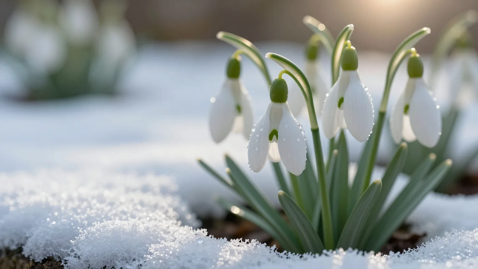 Weiße Schneeglöckchen wachsen durch schmelzenden Schnee, von hinten beleuchtet von der tiefen Morgensonne