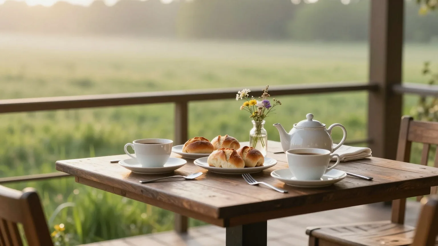 Für zwei gedeckter Frühstückstisch auf einer Holzterrasse am frühen Morgen, dahinter eine stille Wiese im ersten Sonnenlicht