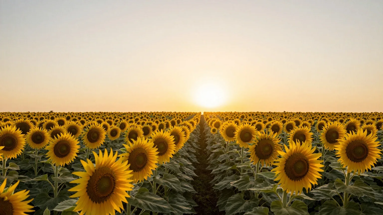Sonnenblumenfeld bei Sonnenaufgang, lange Reihen von Sonnenblumen sind der aufgehenden Sonne zugewandt