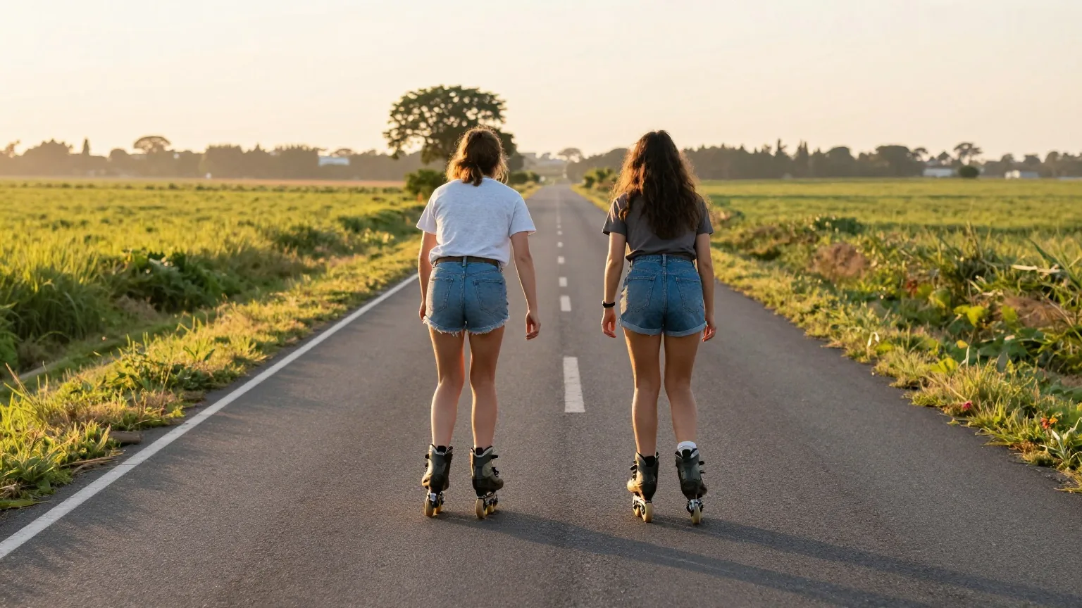 Zwei Freunde von hinten fahren nebeneinander Rollschuh auf einer leeren Landstraße bei Sonnenaufgang, links und rechts leuchtende Felder