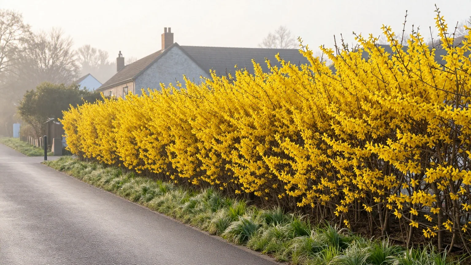 Eine lange, gelb blühende Forsythienhecke an einer stillen Dorfstraße bei Sonnenaufgang, im Gras am Wegrand glänzt der Tau