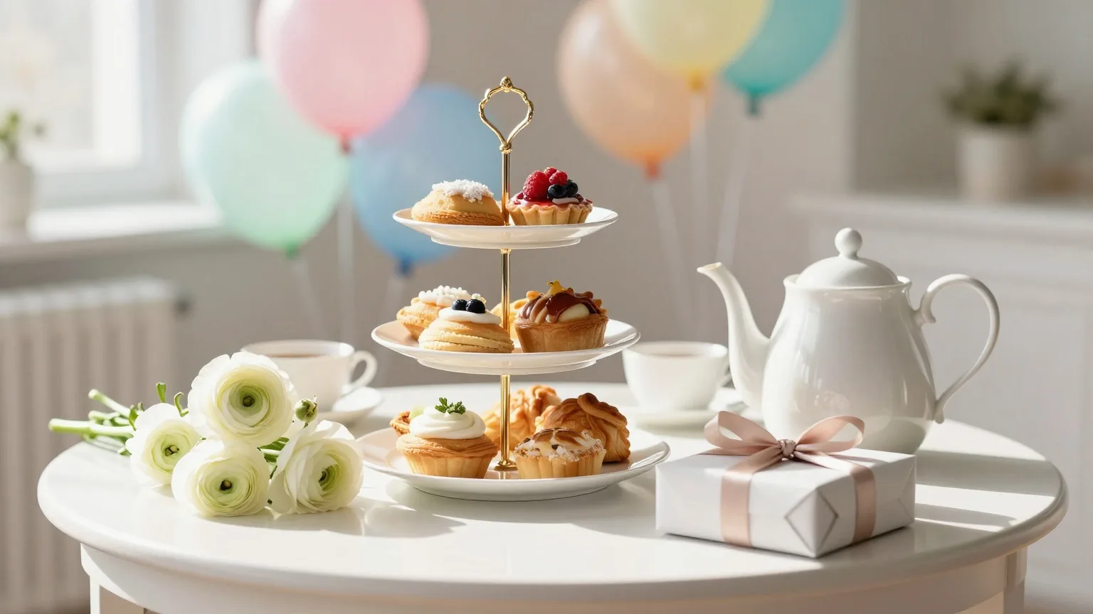 Sonnige Frühstücksecke am Morgen mit einer Etagere voller Gebäck, Teekanne, Ranunkeln und einem Geschenk mit Schleife, im Hintergrund unscharf bunte Luftballons