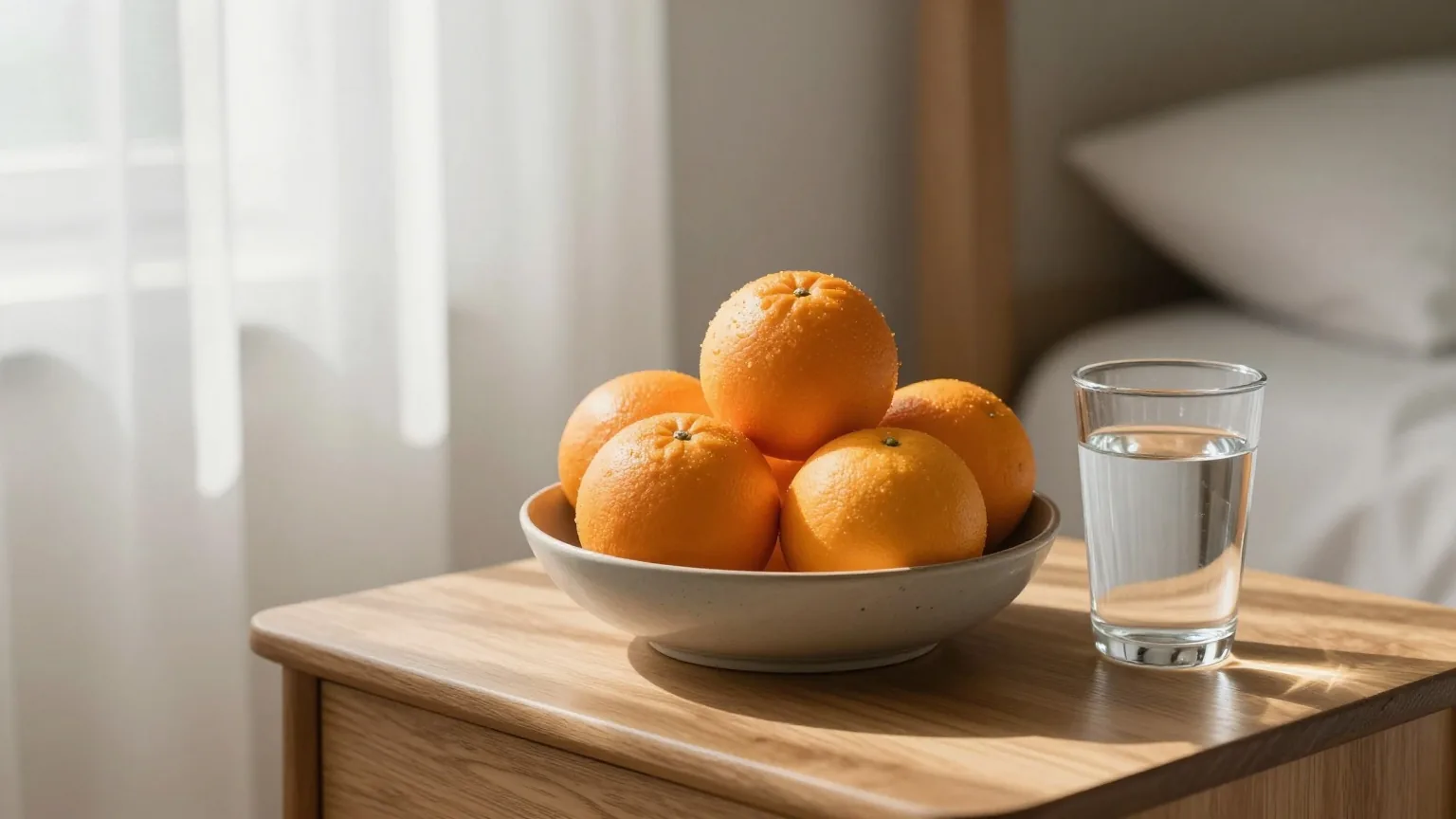 Eine Schale frischer Orangen und ein Glas Wasser auf einem hölzernen Nachttisch in sanfter Morgensonne