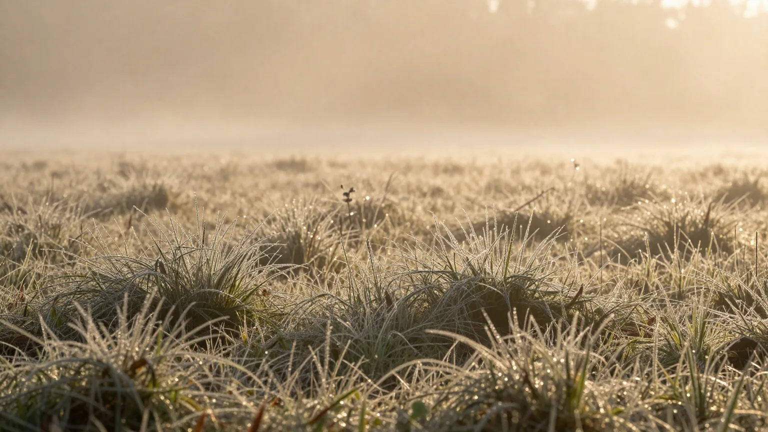 Eine Wiese voller feiner Spinnfäden, die im Gegenlicht der tiefen Herbstsonne vom Tau glitzern