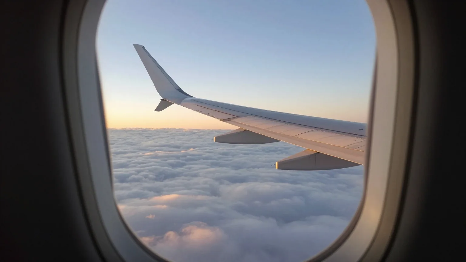 Blick aus einem Flugzeugfenster auf ein Wolkenmeer bei Sonnenaufgang, die weiße Tragfläche leuchtet golden