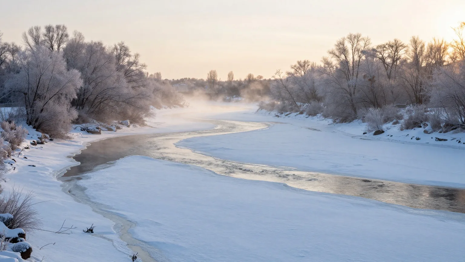 Ein weites verschneites Flusstal bei Sonnenaufgang, aus dem teilweise zugefrorenen Fluss steigt feiner Dunst auf