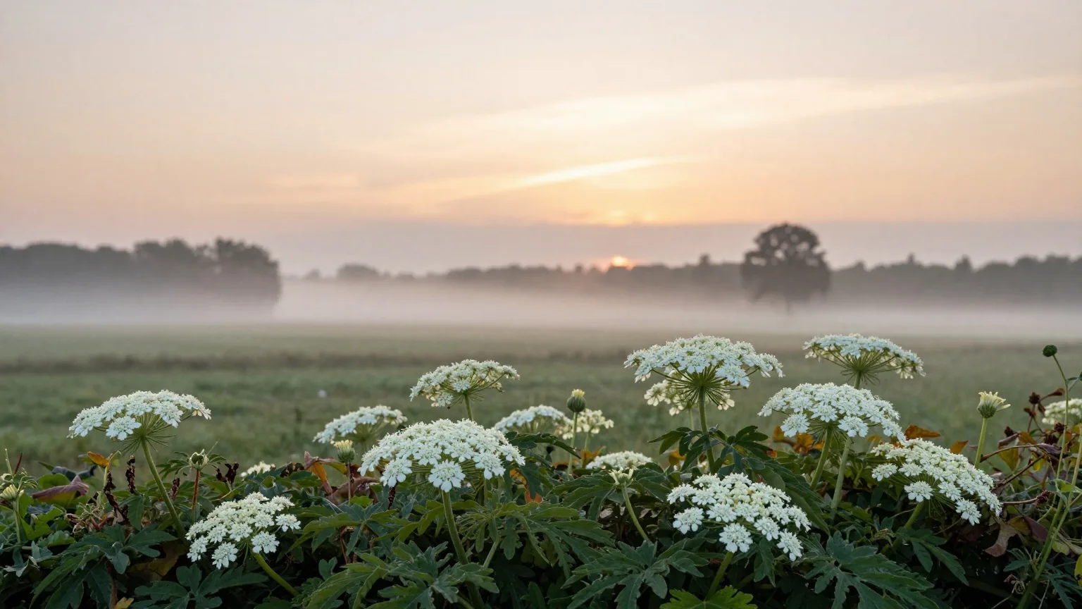 Cremeweiße Holunderblüten an einer Hecke vor zartem Sonnenaufgangshimmel, dahinter leichter Dunst über einer Wiese