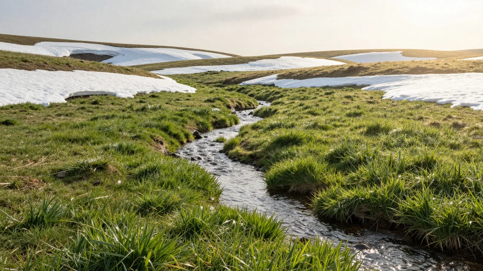 Eine Wiese bei Sonnenaufgang mit letzten Schneeresten, erstem frischem Grün und einem kleinen glitzernden Schmelzwasserbach