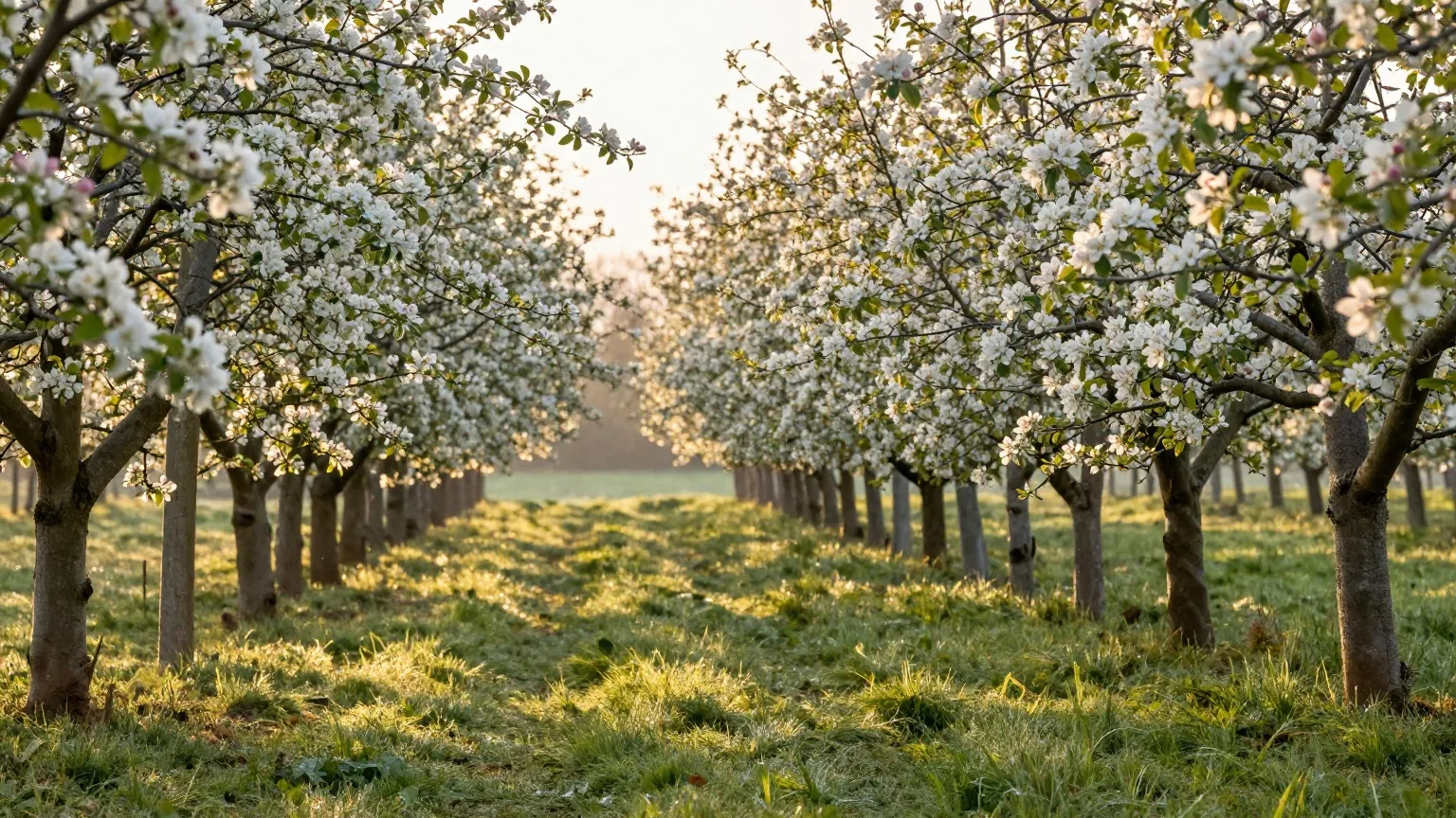 Blühender Apfelgarten bei Sonnenaufgang, goldenes Licht fällt zwischen die Baumreihen, Tau glitzert im Gras