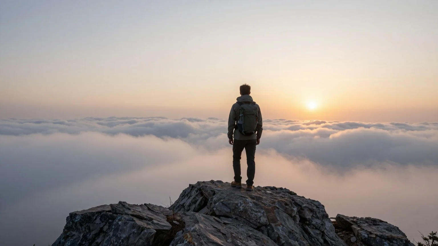 Wanderer von hinten auf einem Felsgipfel über einem Wolkenmeer, die Sonne geht gerade auf