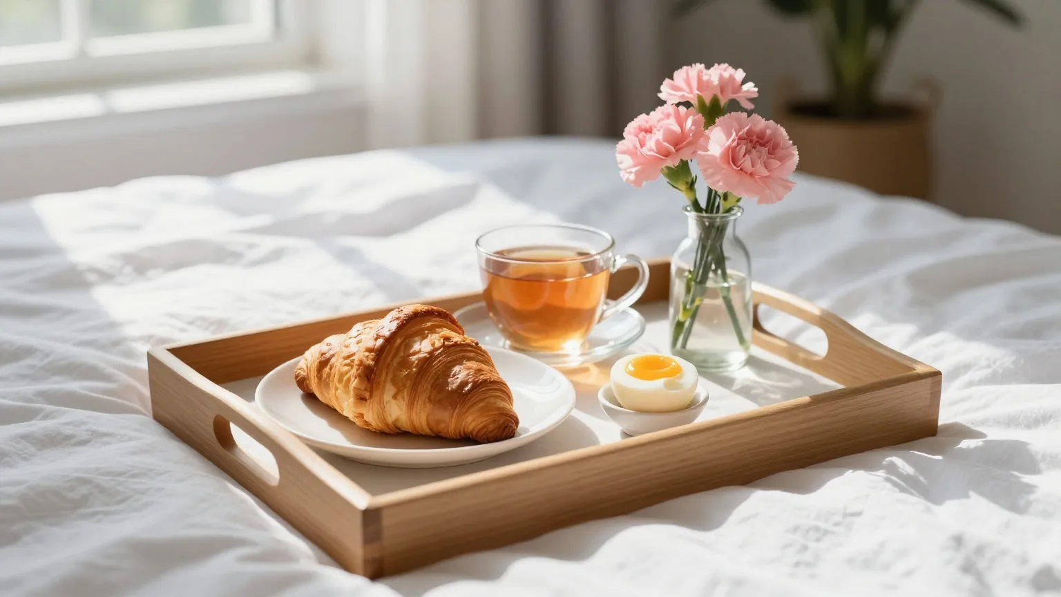 Frühstückstablett auf einem Bett mit weißer Wäsche, Tee, Croissant, Frühstücksei und rosa Nelken im Morgenlicht