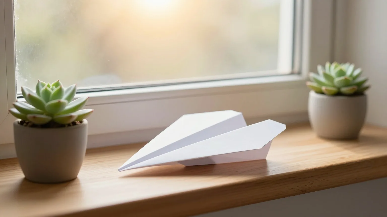 Ein weißer Papierflieger liegt auf einer sonnigen Fensterbank aus Holz neben einer kleinen Topfpflanze, draußen glüht der Sonnenaufgang