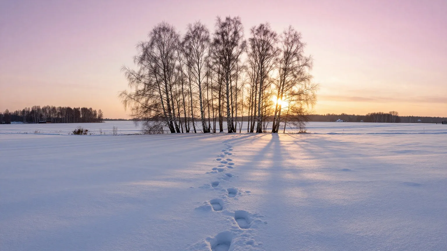 Frische Fußspuren führen über ein verschneites Feld der tief stehenden Wintersonne entgegen, dahinter kahle Birken unter rosa Morgenhimmel