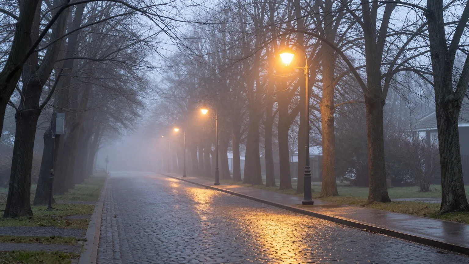 Eine Straßenlaterne leuchtet in der Morgendämmerung in einer nebligen Allee mit kahlen Bäumen, nasses Pflaster spiegelt das Licht