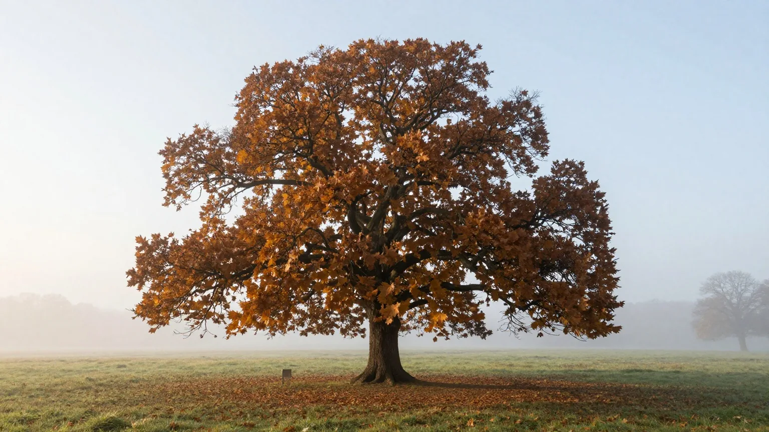 Einzelne alte Eiche mit goldbraunem Herbstlaub auf einem nebligen Feld bei Sonnenaufgang