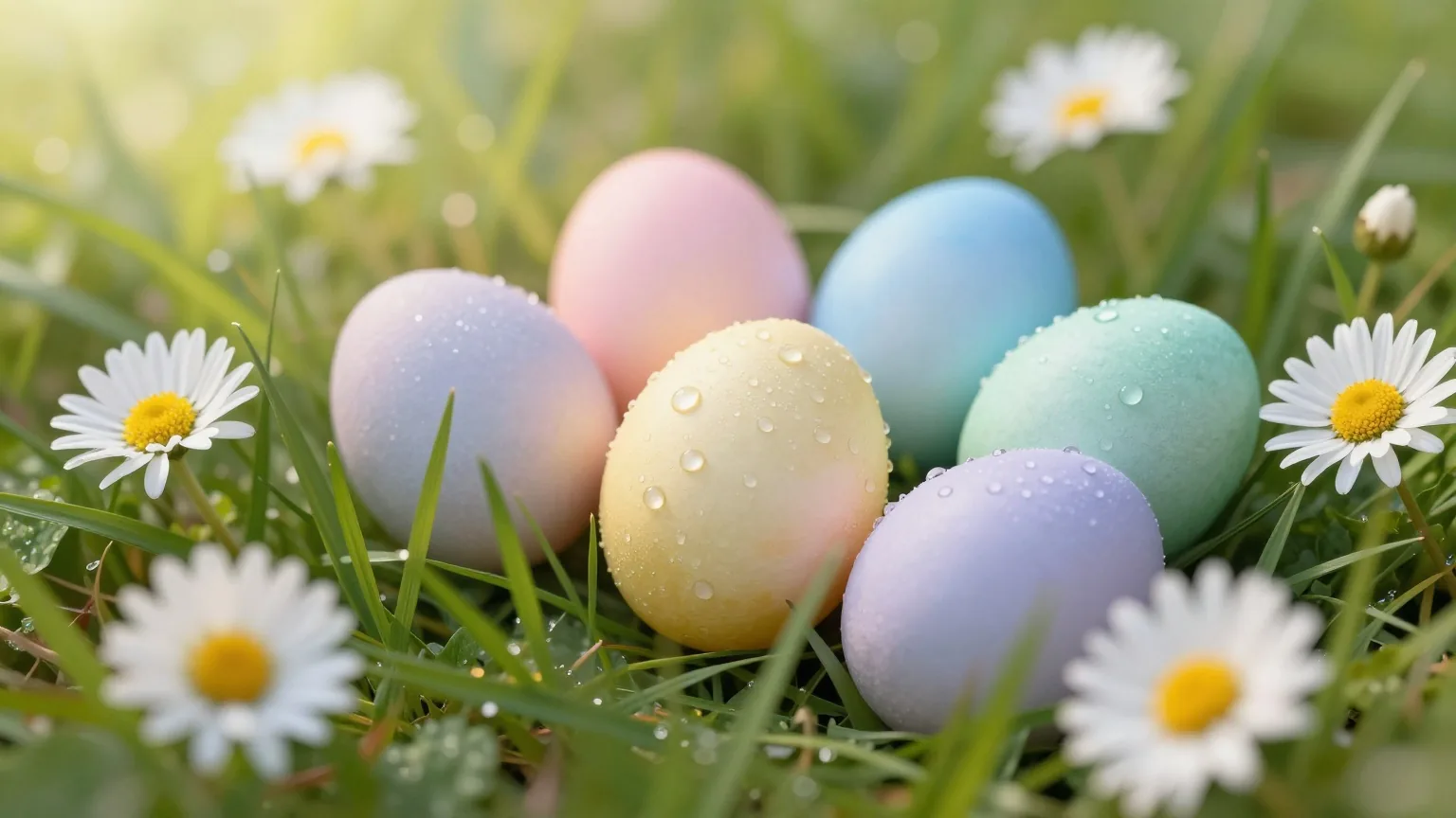 Pastellfarben bemalte Ostereier im frischen Gras zwischen Gänseblümchen, Morgensonne und glitzernde Tautropfen