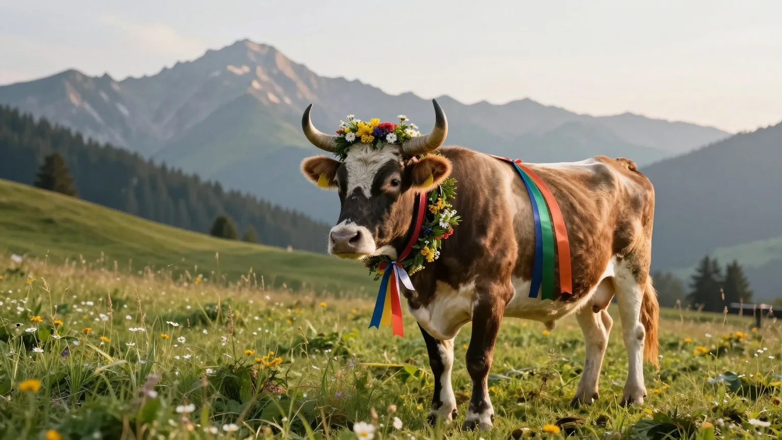 Ein mit einem Kranz aus Wiesenblumen und bunten Bändern geschmückter Ochse auf einer grünen Almweide bei Sonnenaufgang, dahinter Berge