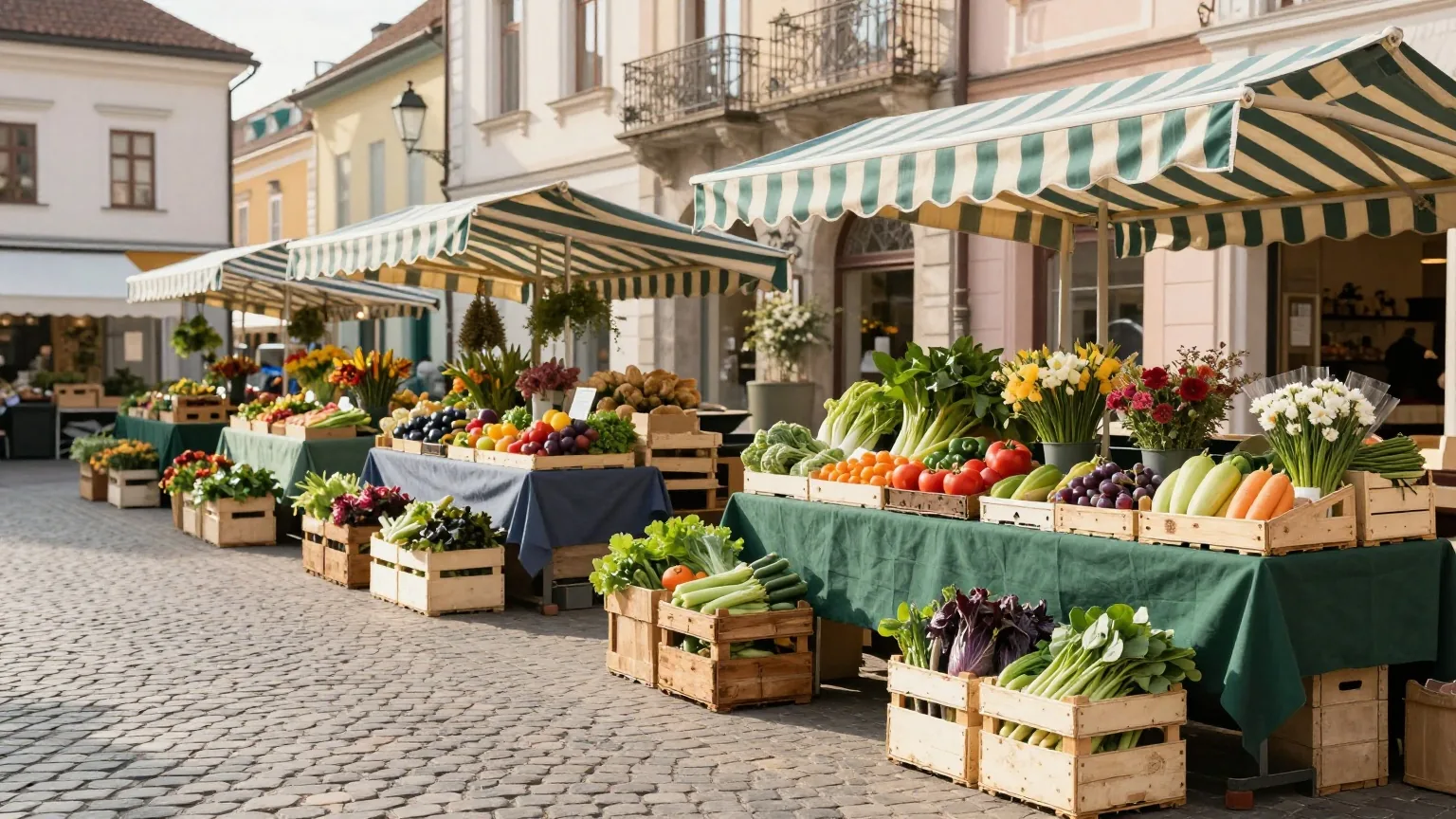 Bunter Wochenmarkt auf einem Platz mit Kopfsteinpflaster im Morgenlicht, Kisten mit frischem Gemüse und Blumensträuße unter gestreiften Markisen