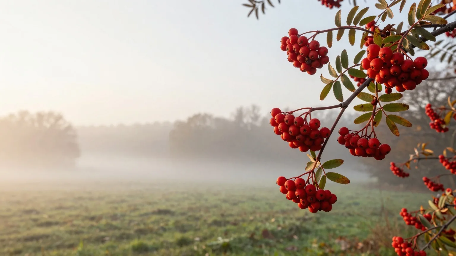 Leuchtend rote Vogelbeeren an einem Zweig, dahinter eine neblige Wiese im ersten Morgenlicht