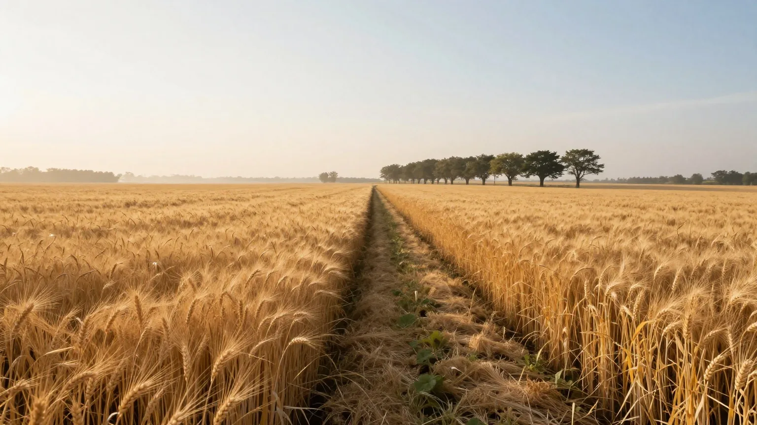 Ein goldenes Gerstenfeld bei Sonnenaufgang, ein schmaler Feldweg führt zu einer fernen Baumreihe, leichter Sommerdunst liegt über dem Land