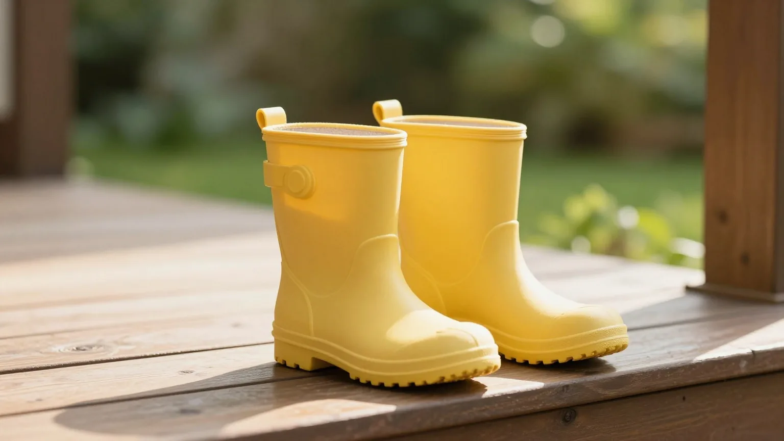 Kleine gelbe Gummistiefel auf einer sonnigen Holzstufe vor der Haustür, dahinter ein grüner Garten im Morgenlicht