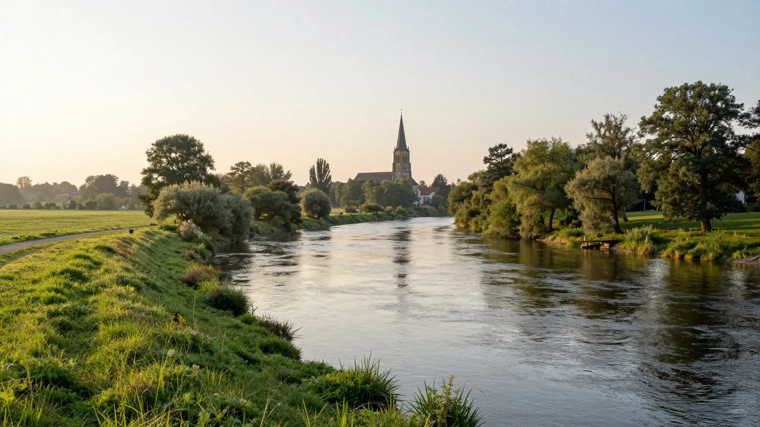 Ruhiger Fluss schlängelt sich bei Sonnenaufgang durch grüne Wiesen, in der Ferne ragt ein Kirchturm über die Bäume